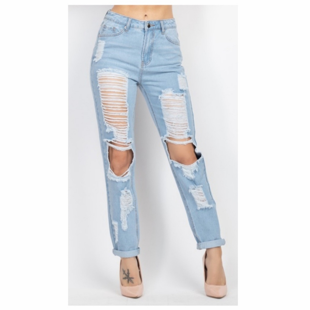 DENIM BLVD High Rise Ripped Mom Jeans - Picture 2 of 15